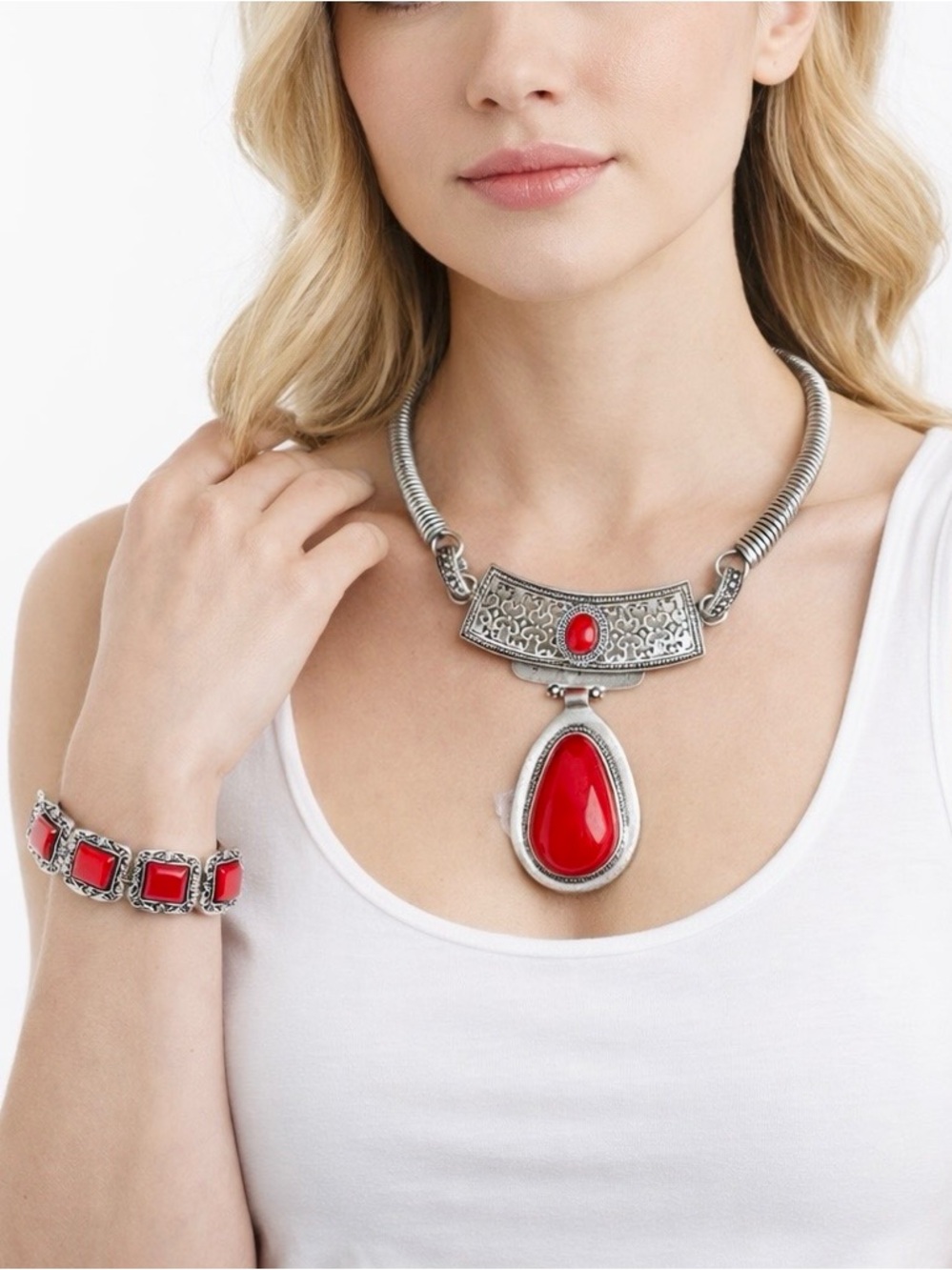 BOHO WESTERN CHIC Silver & Red Medallion Statement Necklace Concho Bracelet Set
